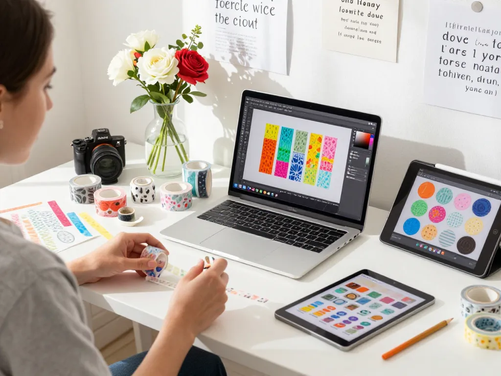 Custom washi tape designs in a creative workspace filled with art supplies and natural light.