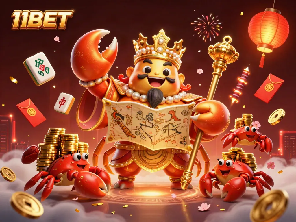 Engage in exciting entertainment at 11BET with dynamic visuals featuring a golden crab emperor and vibrant game elements.