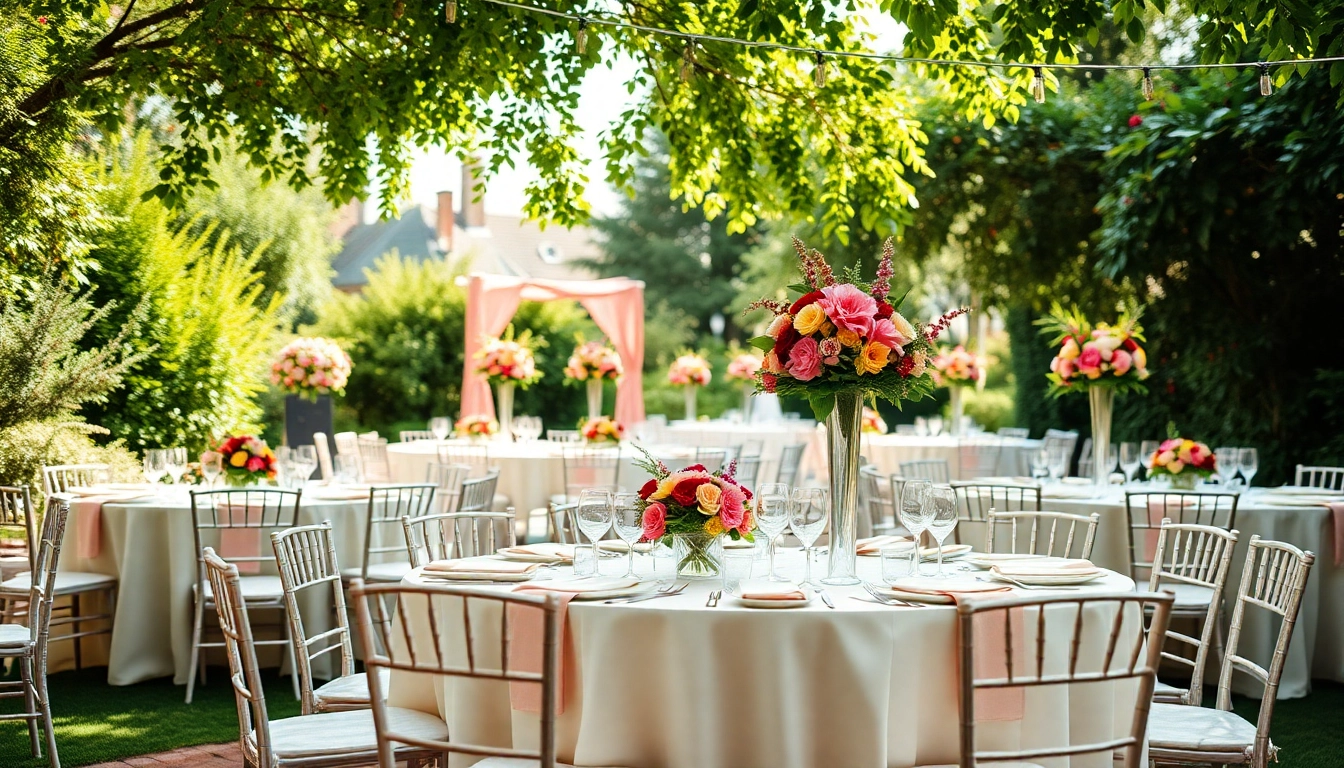 Explore unique Table Rentals with elegant floral designs set in a beautiful outdoor setting.