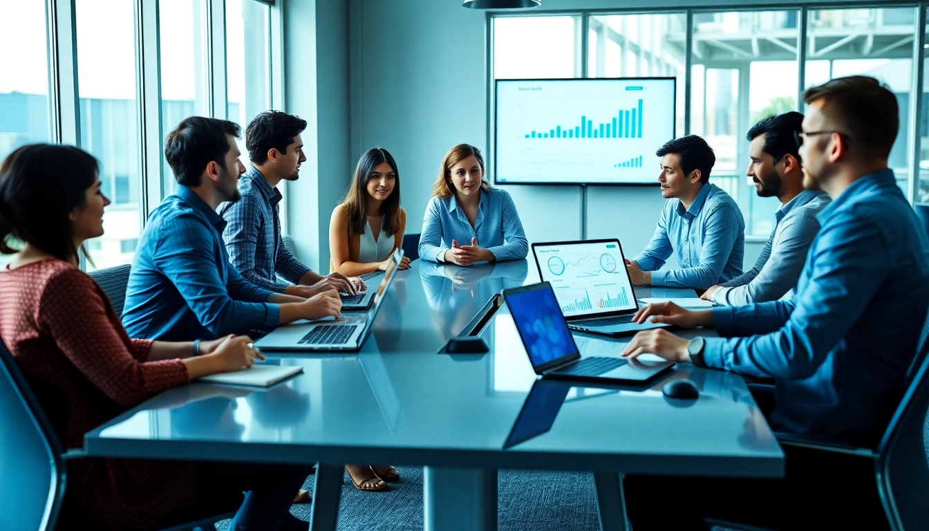 Marketing team discussing google ads edmonton strategies in a bright office