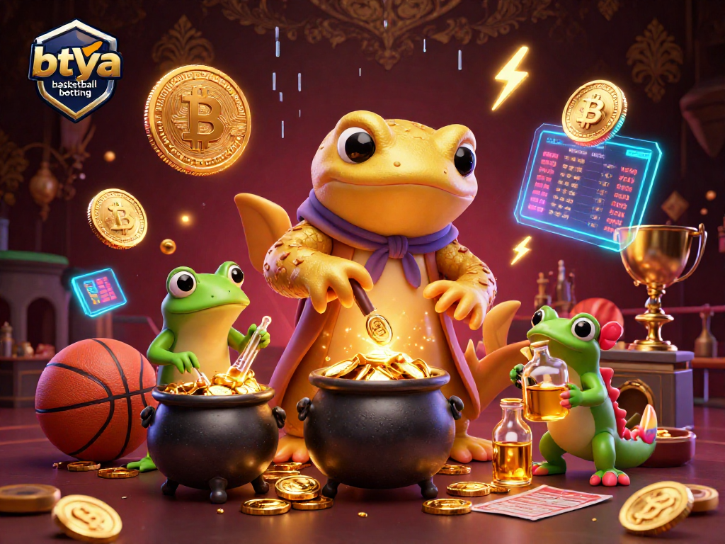 Engage in betya basketball betting with a lively 3D digital illustration showcasing an alchemist and frog amid basketball elements.