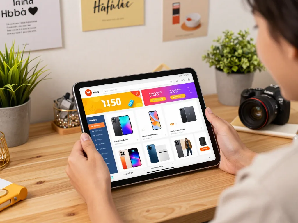 Exciting e-commerce experience showcasing Nhà Cái Hubet sales on tablet.