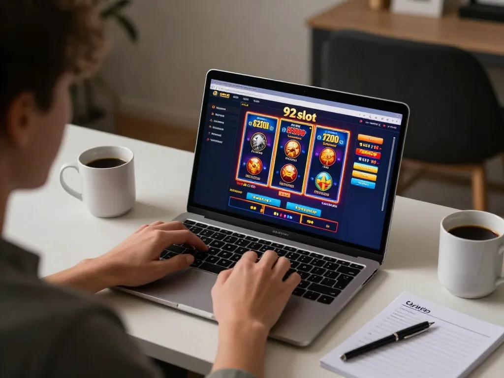 Playing 92slot online, engaging with slot machine interface at a stylish home setup.