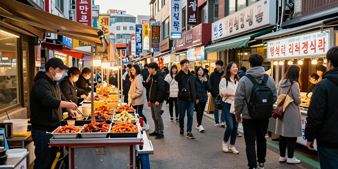 Authentic Korean street food experience showcasing 상봉동 한국관 with vibrant dishes and lively atmosphere.