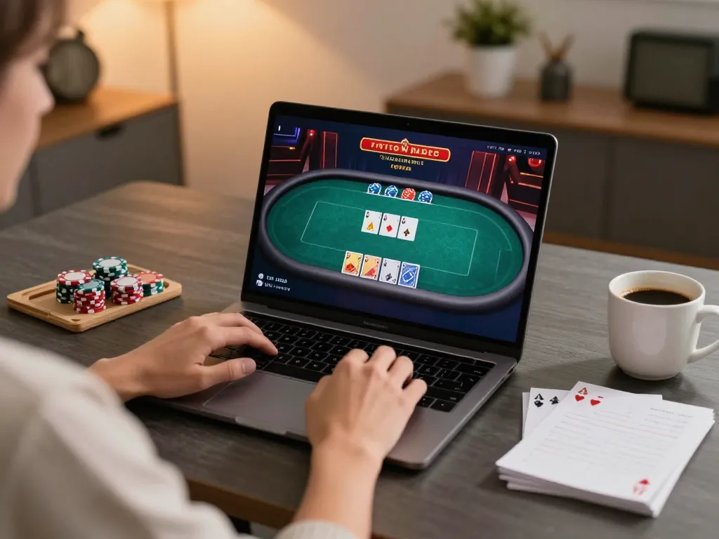 Engaging in a strategic online poker game on IDNTRADE platform with stylish home office setup.