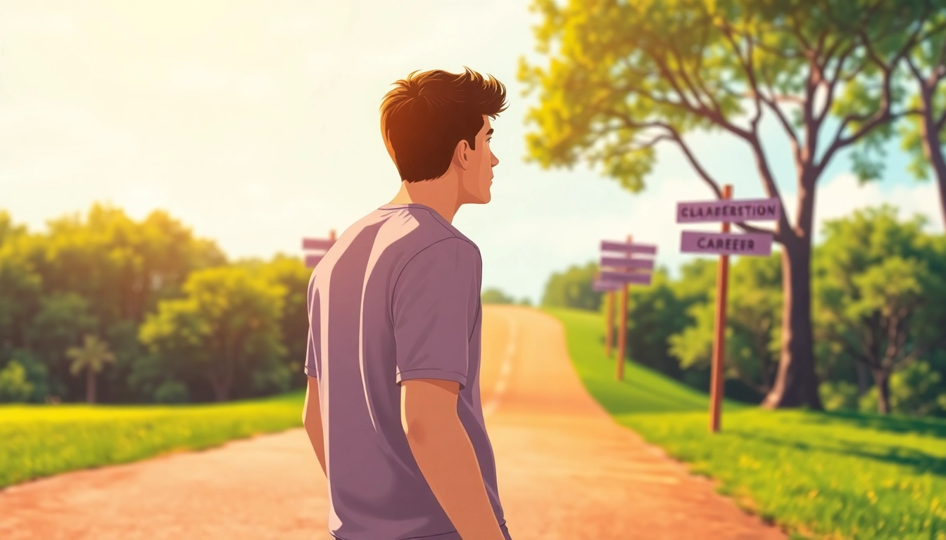 Find my true calling depicted through a person at crossroads pondering career paths.