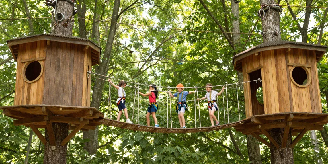 Rope Bridge design connecting treehouses in a vibrant forest setting with children and safety harnesses.
