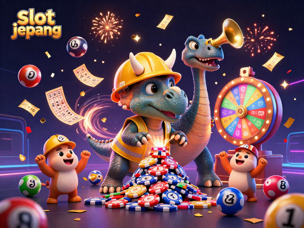Experience excitement with slot jepang as a triceratops builds poker chips amidst vibrant celebrations.