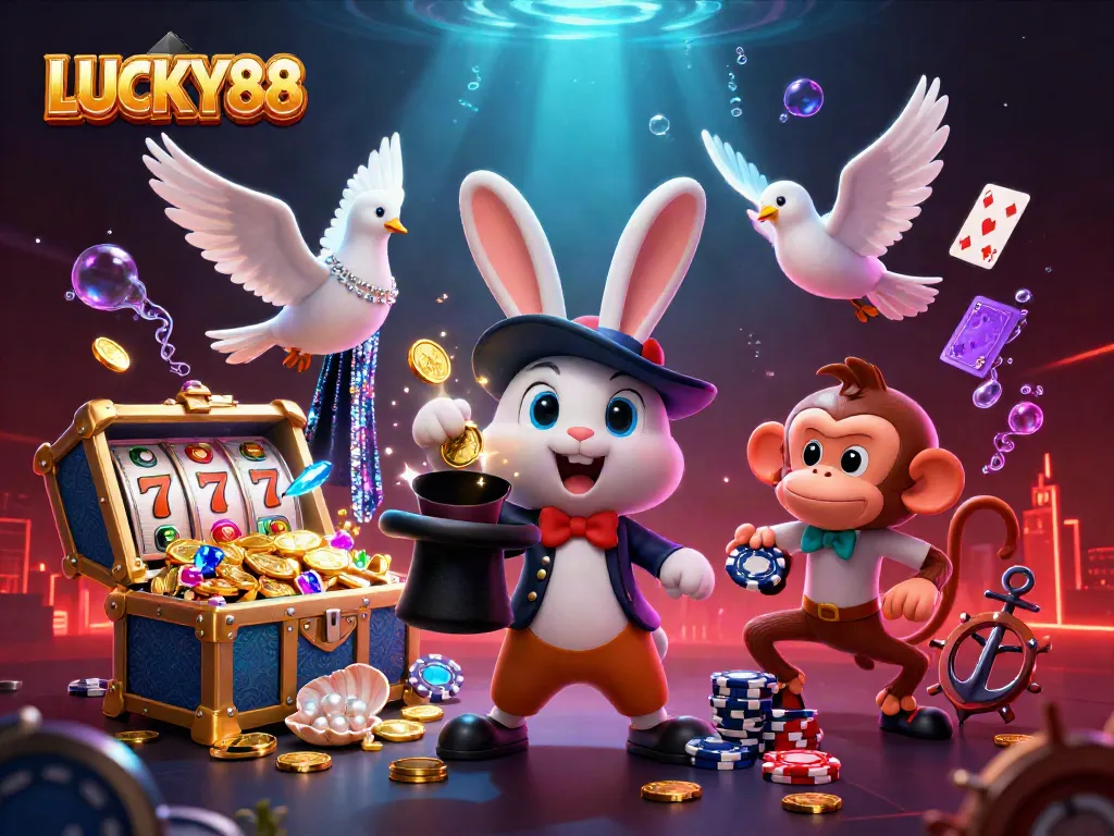 Experience the thrilling world of LUCKY88 as a magician rabbit conjures gold coins and poker chips in a vibrant casino scene.