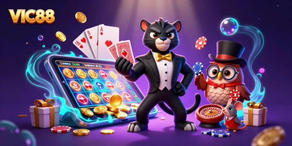 Engage with VIC88 gaming through exciting casino visuals led by a stylish black panther and friends.