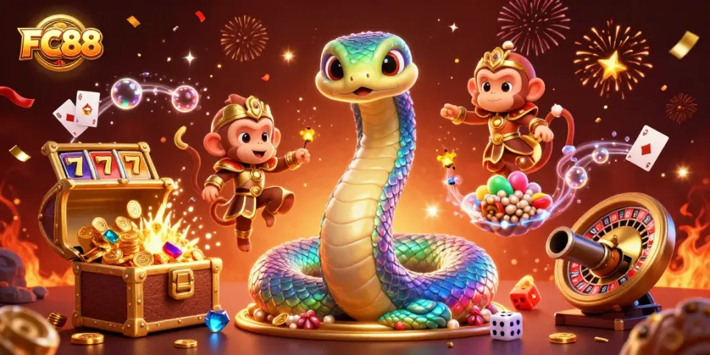 Engage in the vibrant world of FC88 with a magical casino-themed illustration featuring a rainbow serpent and a monkey king.
