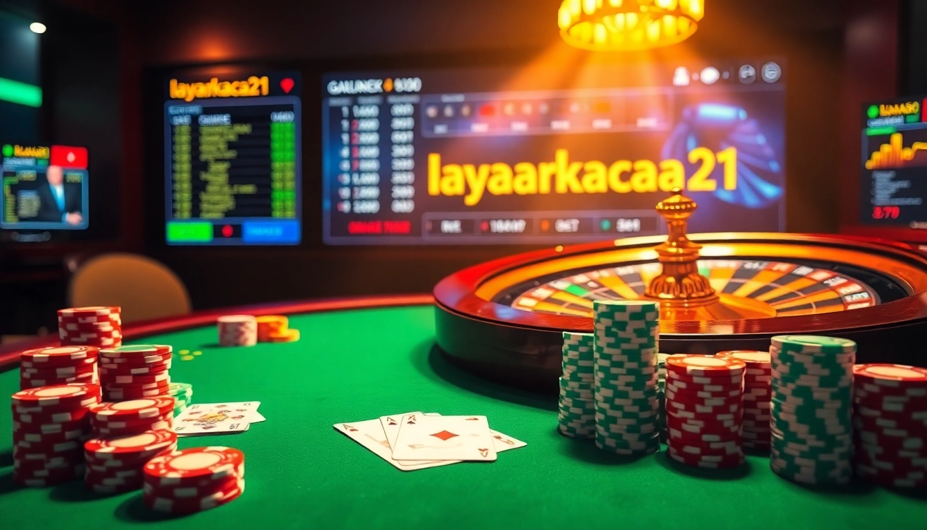 Experience thrilling gameplay with layarkaca21 at a luxurious casino, showcasing poker and roulette.