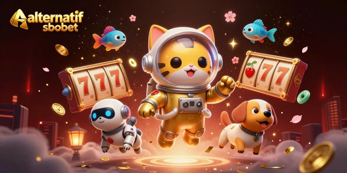 Experience vibrant alternatif sbobet action with a 3D astronaut cat and robot dog in a lively casino scene.