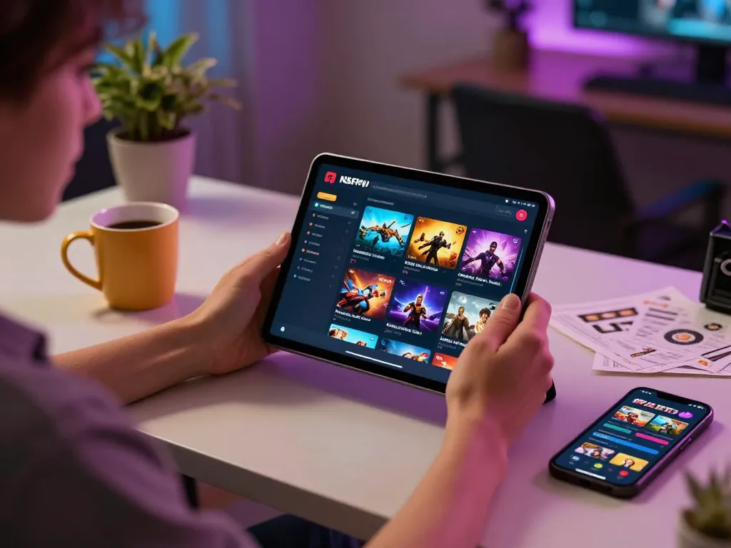 Engaging in an nsfw game on a tablet, showcasing strategy and a cozy atmosphere in the gaming space