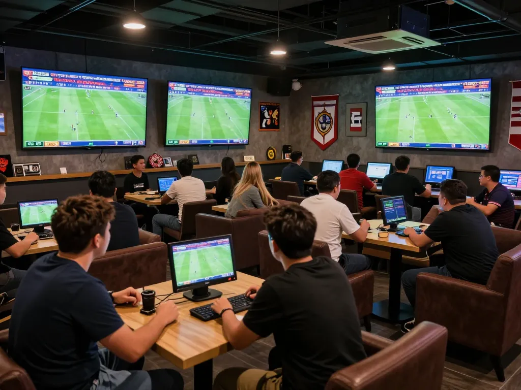 Engaged fans placing bets on Trực Tiếp Bóng Đá during an exciting live football match in a vibrant sports lounge.