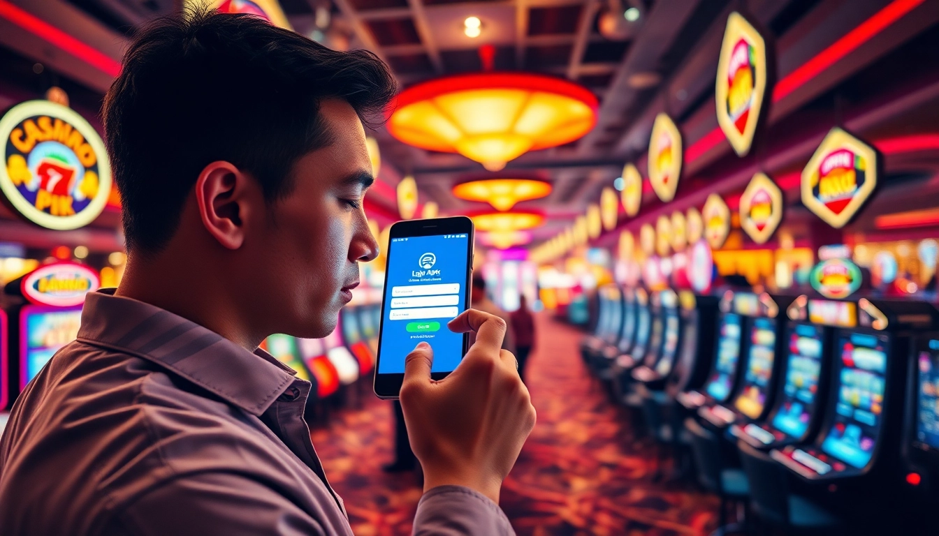 Mengakses login apk pada perangkat digital di tengah suasana kasino yang ramai.
