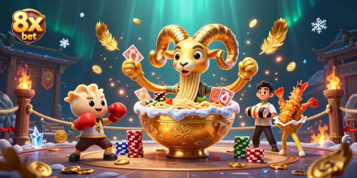 Experience thrilling wins with 8x bet in a lively casino scene featuring a unique ramen bowl dealer.