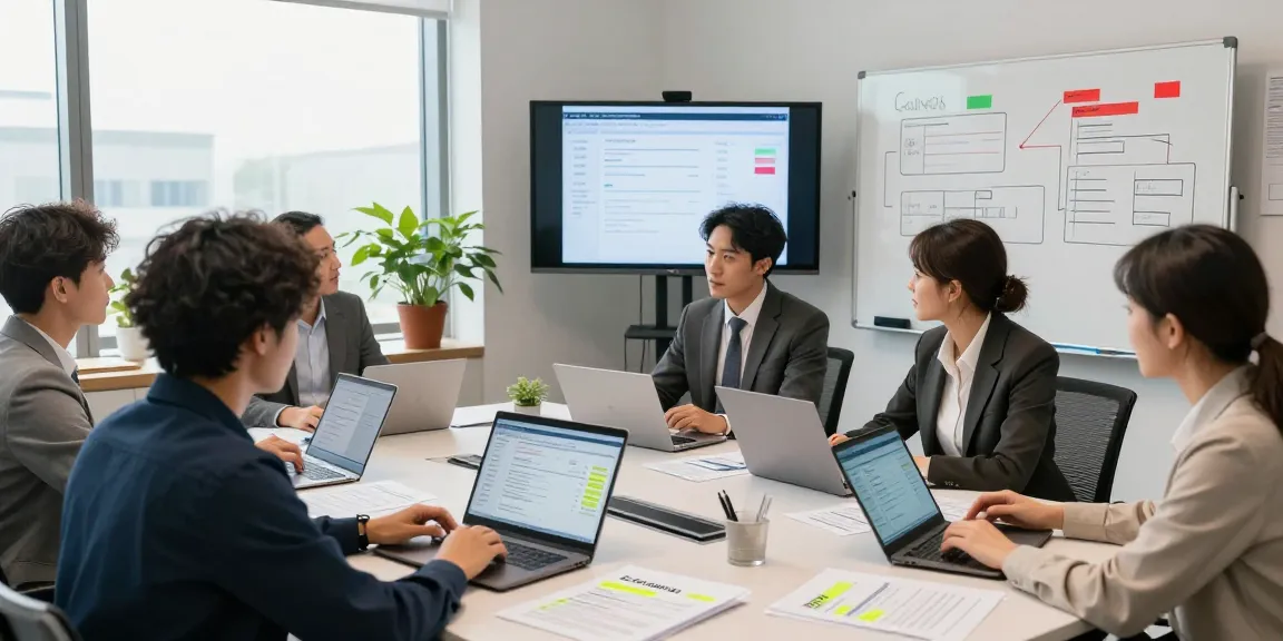 Team collaborating to detect fake invoice using AI technology in a modern office.