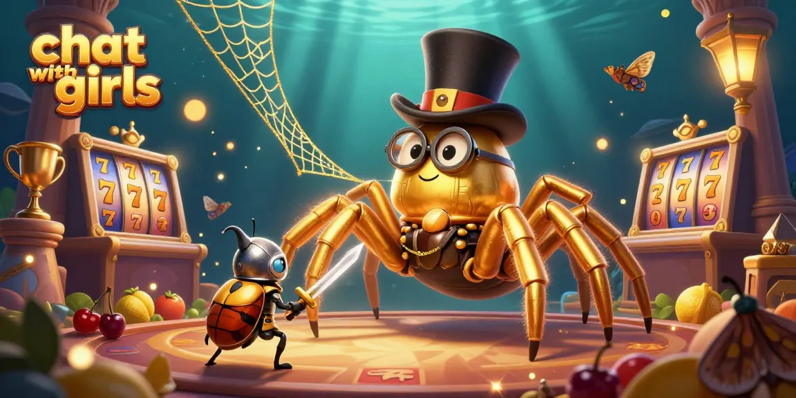 Chat with girls in a colorful, dynamic casino-themed scene featuring a golden tarantula and slot reels.