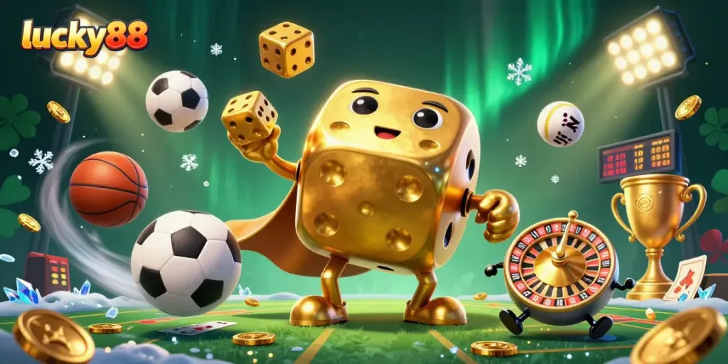 Engage with lucky88’s vibrant casino atmosphere, featuring golden dice, sports balls, and thrilling action.