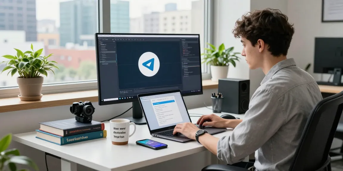 Developer using Telegram中文版 on a laptop in a modern workspace with urban view.