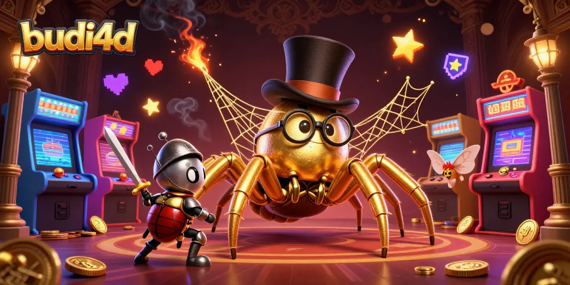 Budi4d showcases a golden tarantula amidst dynamic casino elements, captivating players' excitement.