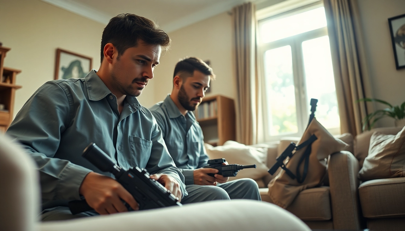Local bed bug exterminators inspecting a cozy living room for bed bug infestations.