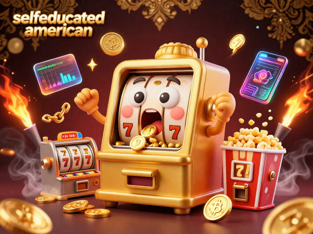 Experience excitement with selfeducatedamerican as animated slot machines hit jackpots and cheer amidst neon crypto elements.