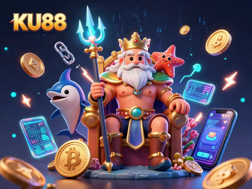 Spin to win on KU88 with vibrant 3D illustrations of a sea king and dynamic game elements.
