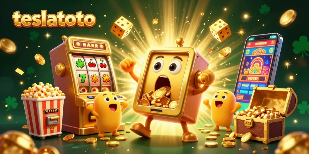 Spin the reels on teslatoto with a golden slot machine hitting jackpots surrounded by cheering little machines and coins.