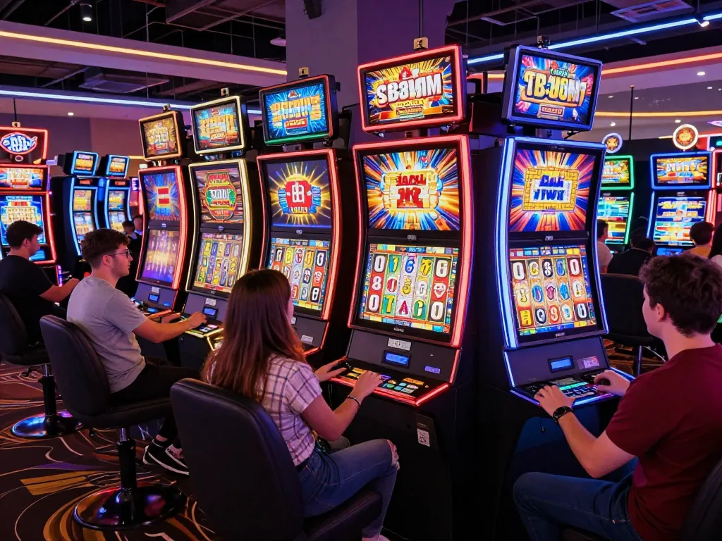 Players engaged in slot bet action at colorful machines in a lively casino atmosphere