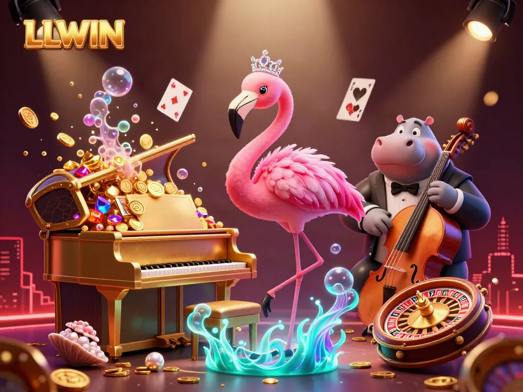 Engage with LLWIN's dynamic 3D casino scene featuring charming characters amidst vibrant gaming elements.