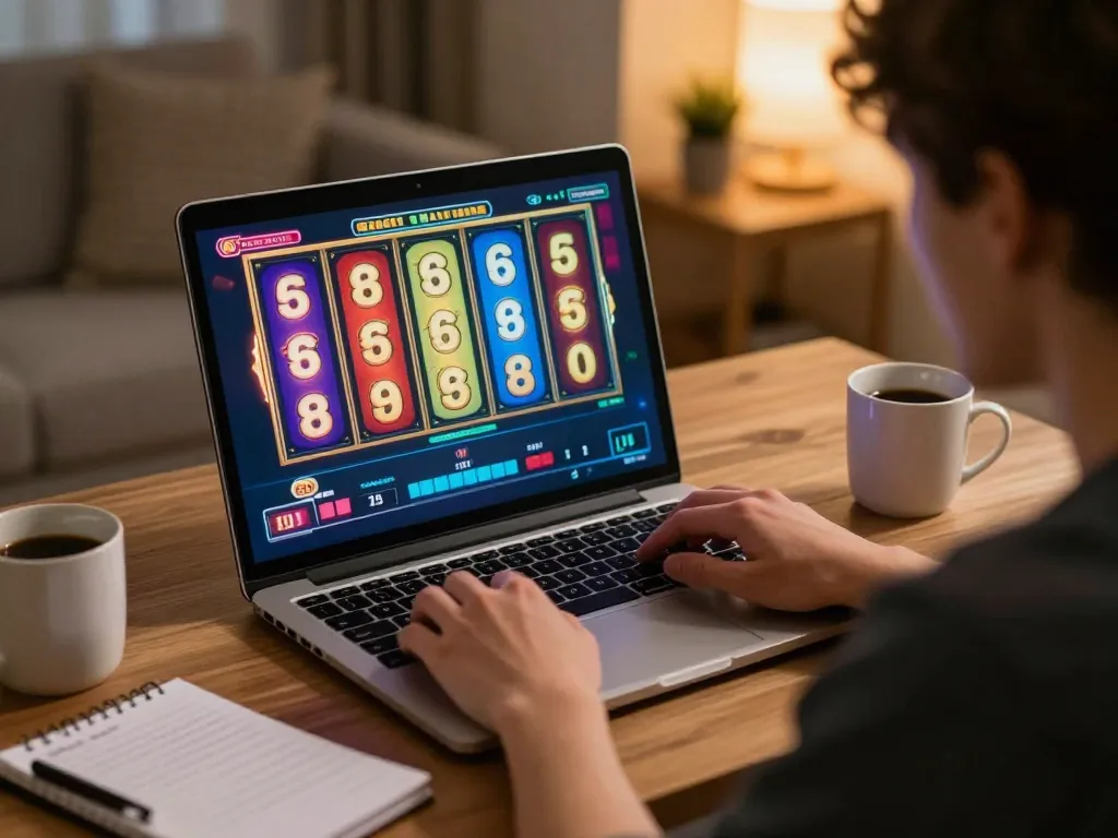 Engaging in slot online gameplay at home with vibrant visuals and strategic notes.