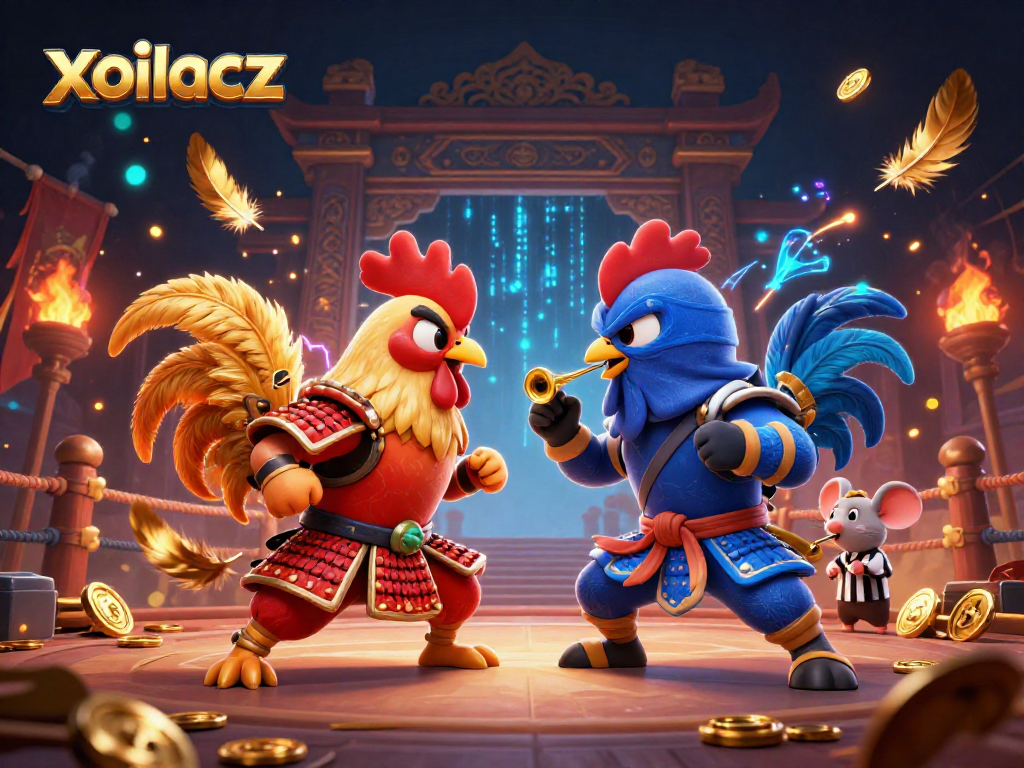 Experience the excitement of xoilacz with battling roosters in a vibrant gambling arena, full of action.