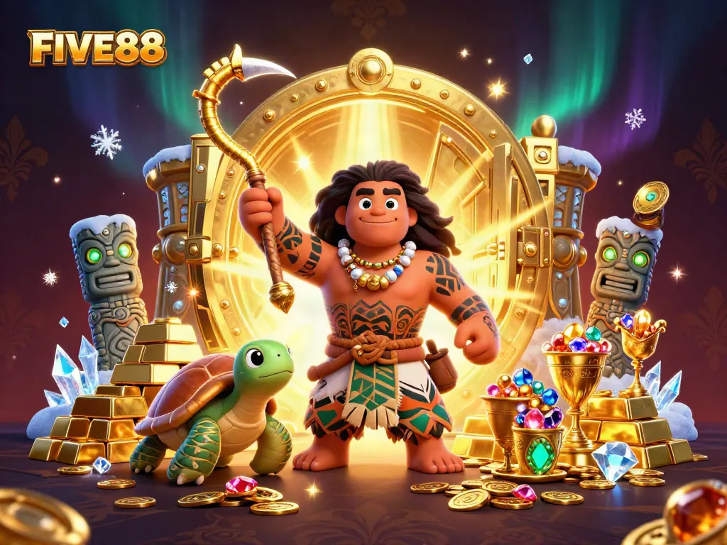 Experience the thrilling world of FIVE88 with a vibrant illustration featuring casino elements and action!