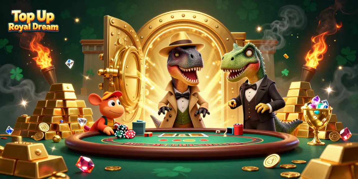 Top Up Royal Dream dengan aman dan cepat, karakter dinosaurus di meja judi.