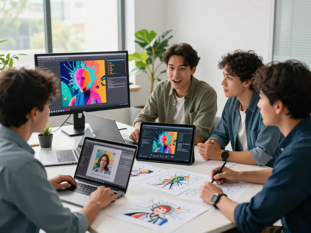 Team collaborating on innovative image to prompt technology in a lively digital workspace.