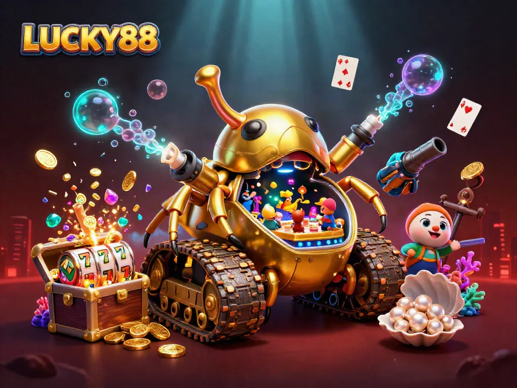 Experience the excitement of LUCKY88 with a vibrant 3D illustration showcasing a massive golden beetle casino.