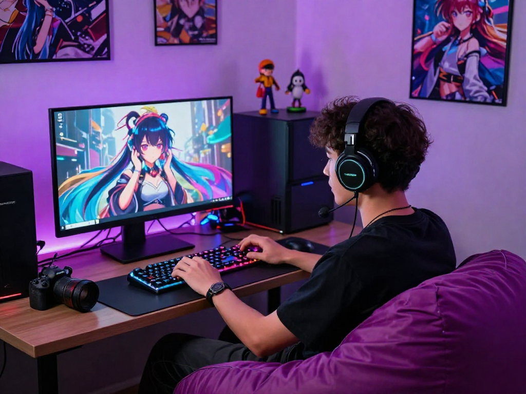 Engaging hentai AI chat scene with user interacting in a vibrant gaming setup.