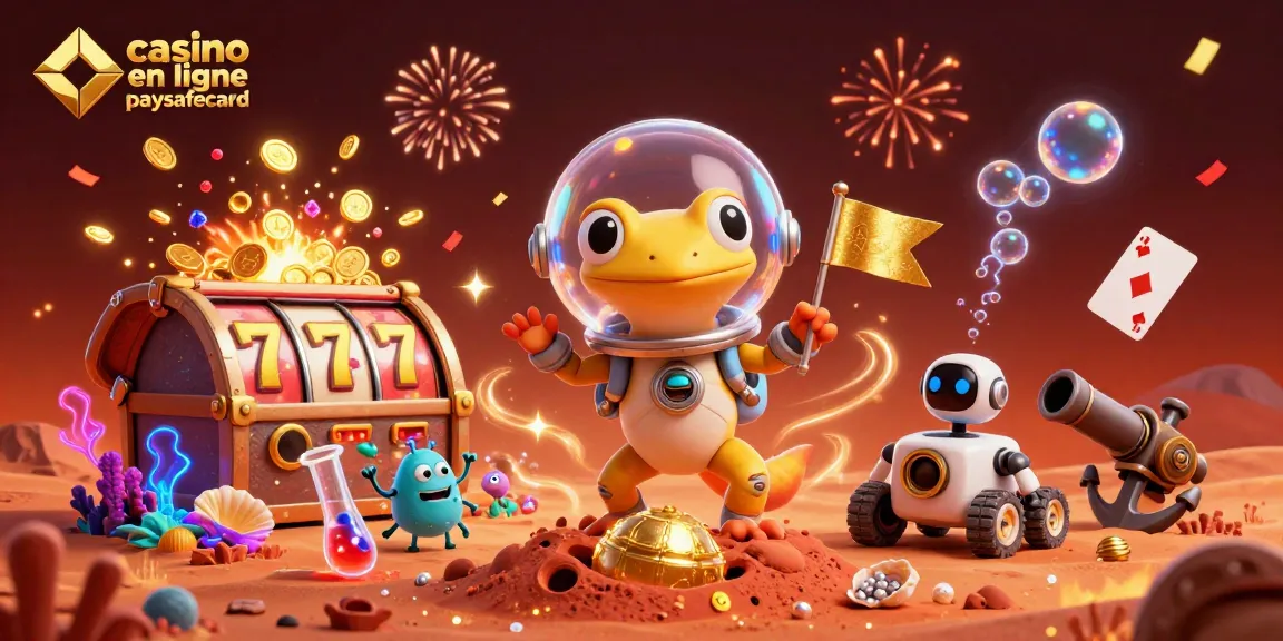 Jouez au casino en ligne paysafecard avec une illustration de Gecko Martien découvrant un casino doré sur Mars.