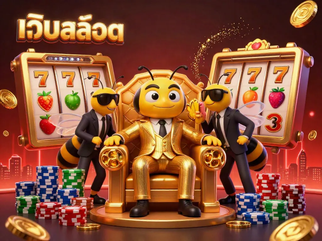Engage with เว็บสล็อต in a bustling 3D casino scene featuring a bumblebee mob boss and slot elements.