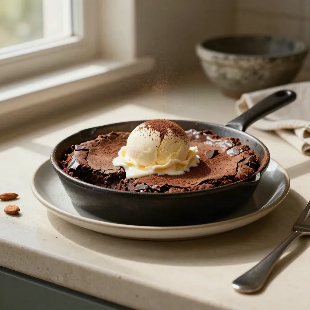 Brownie skillet with melting vanilla ice cream, cocoa dust and chocolate shards on a pale plate.