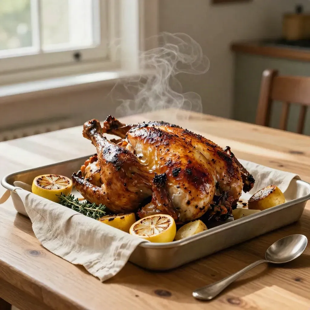 Roast chicken on a linen-lined tray with lemons, thyme, potatoes, and pan sauce on a farmhouse table.