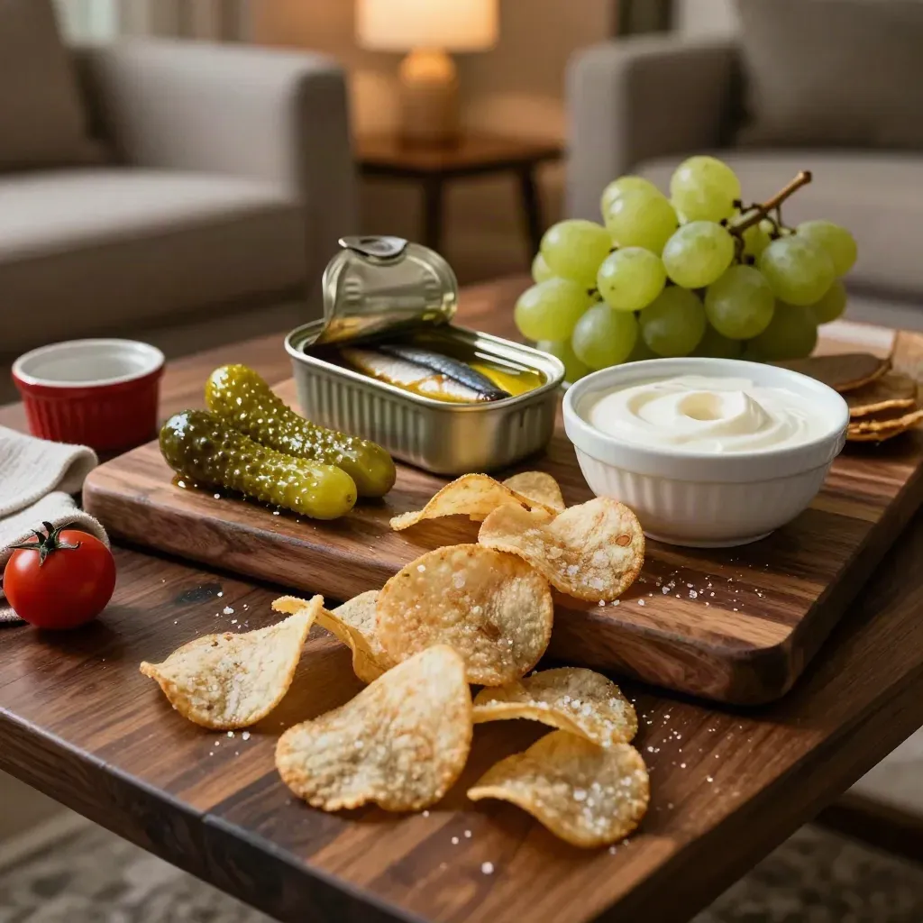 Snack board with chips, pickles, tinned fish, grapes, and a scraped dip bowl on walnut.