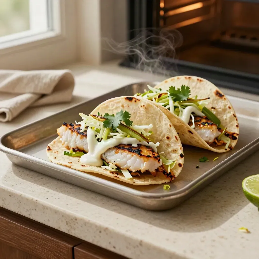 Sheet pan fish tacos with lime crema, cabbage, cilantro, and roasted scallions