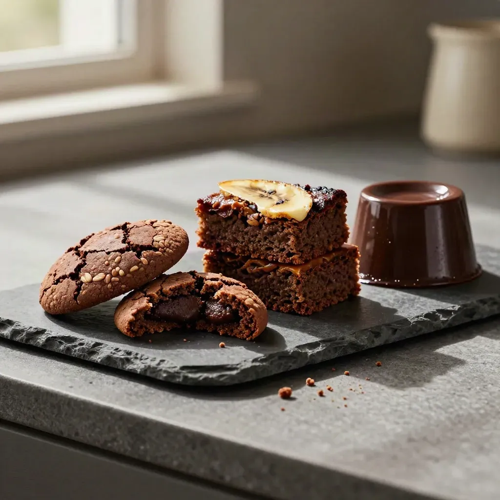 Broken cocoa cookie, banana bread squares, and chocolate pudding cup on stone.