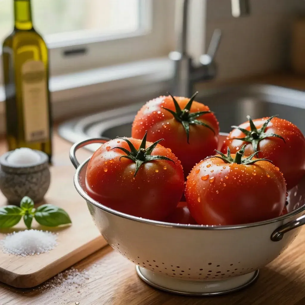 Wet heirloom tomatoes in a colander beside basil, salt, and olive oil in a cozy kitchen.