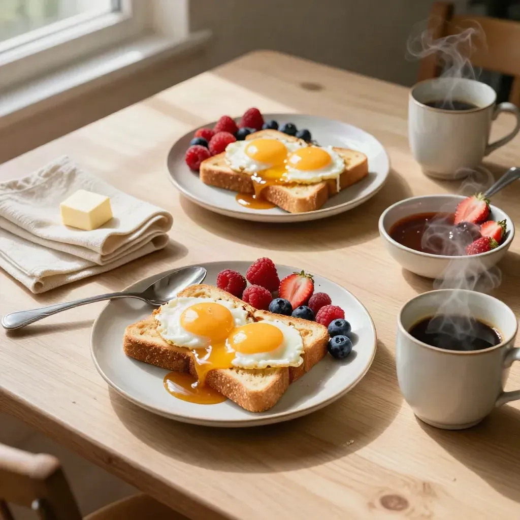 Brunch plates with runny eggs, buttered toast, berries, sauce, and coffee steam on pale wood.