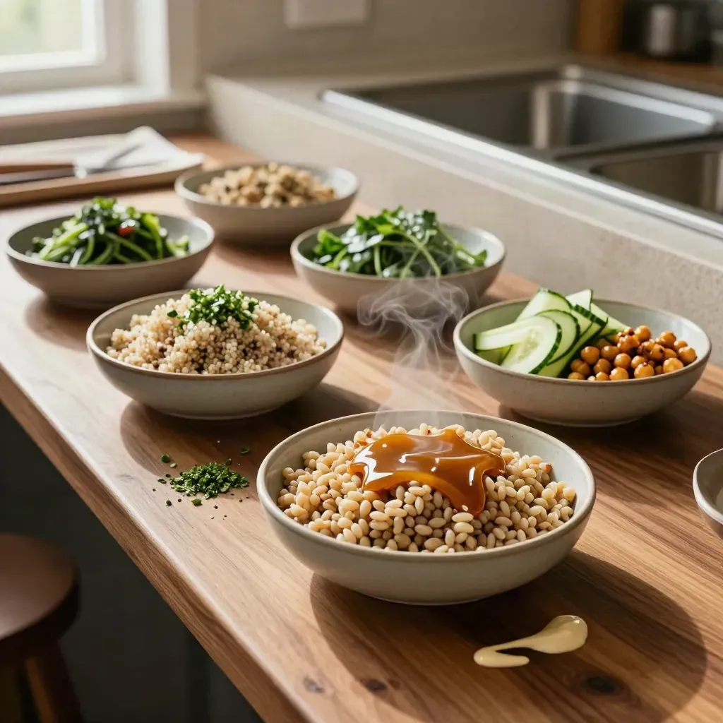 Steaming grain bowls with greens and dressing on a walnut counter, shot in soft daylight.