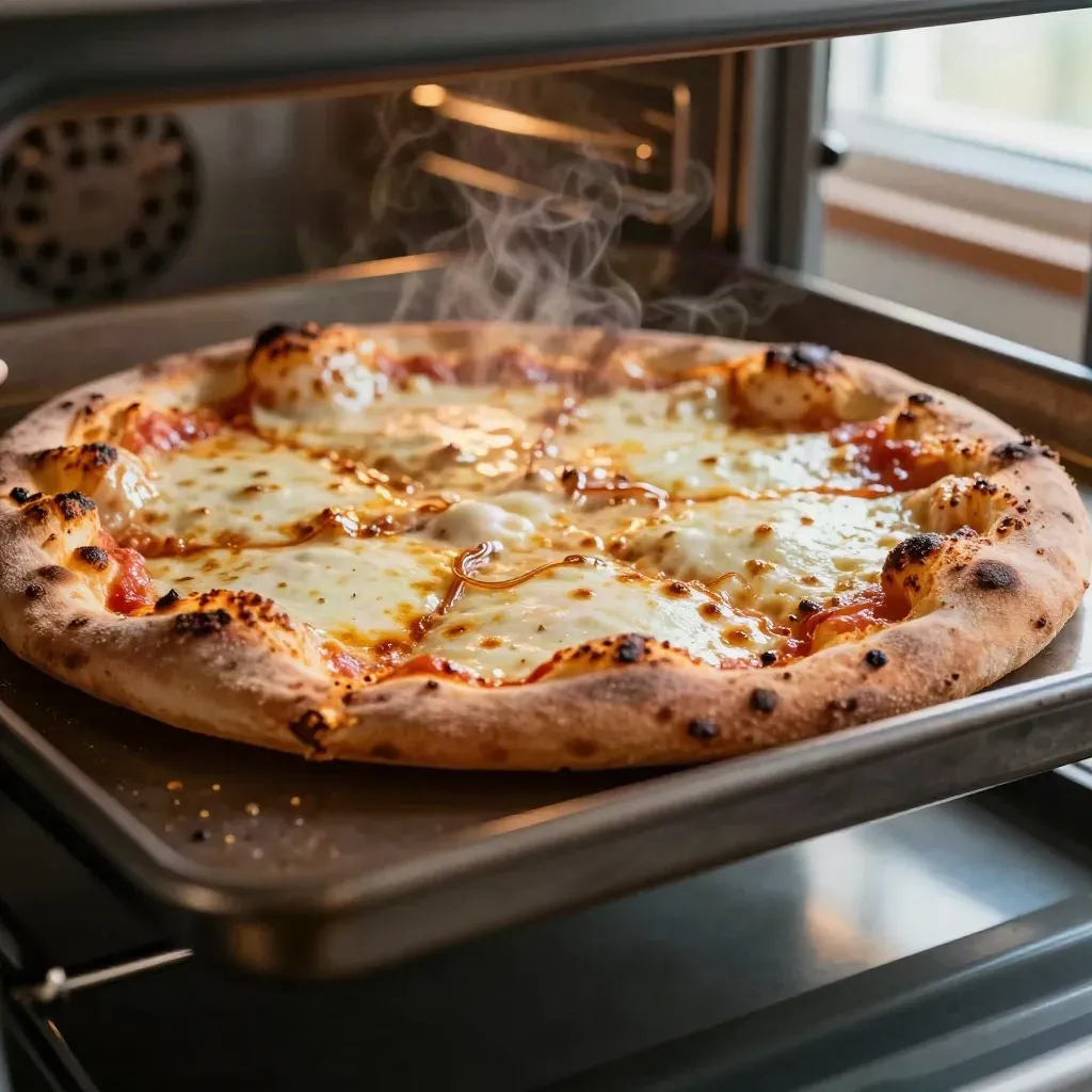 Close-up of a baked frozen pizza on a sheet pan, cheese steaming in warm oven light.
